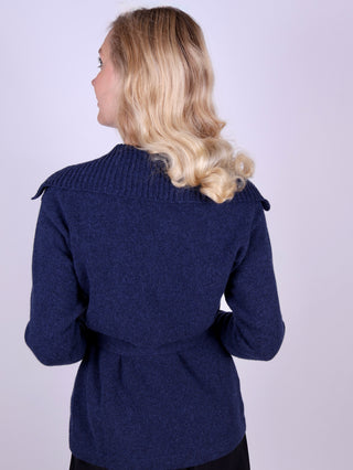 1920'er vintage style cardigan med bred krave og bælte - meleret blå - Pearl