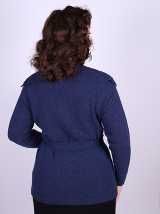1920'er vintage style cardigan med bred krave og bælte - meleret blå - Pearl