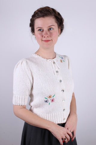 1930'er / 1940'er style bouclé cardigan med broderi - råhvid -  Sarah