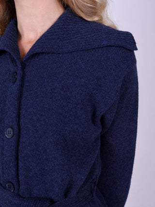 1920'er vintage style cardigan med bred krave og bælte - meleret blå - Pearl