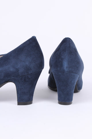 1940'er pumps i ruskind med flerfarvet syet mønster - Marineblå - Edith