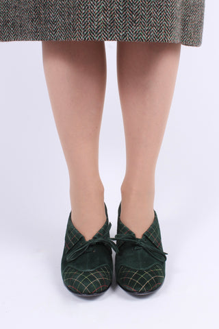 1940'er pumps i ruskind med flerfarvet syet mønster - Mørkegrøn - Edith